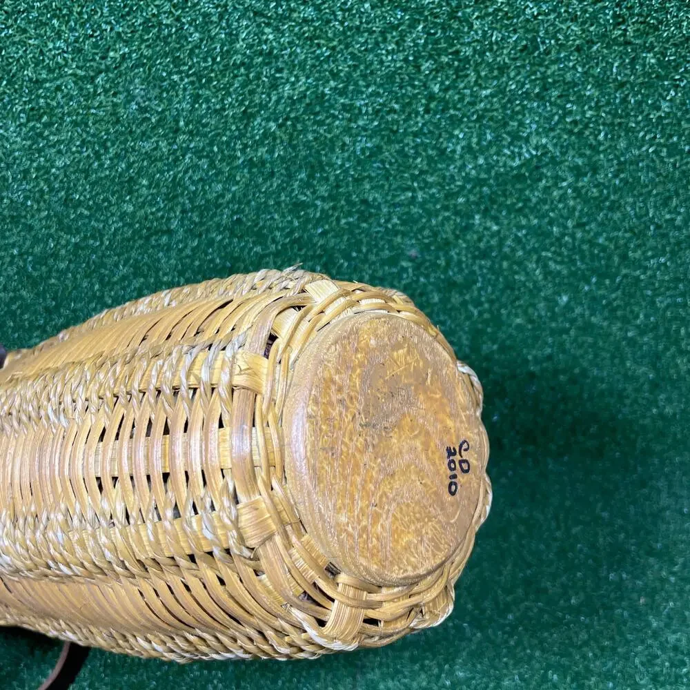 Vintage Tall Cylindrical Woven Wine Cork Basket Faux Leather Strap Handle
